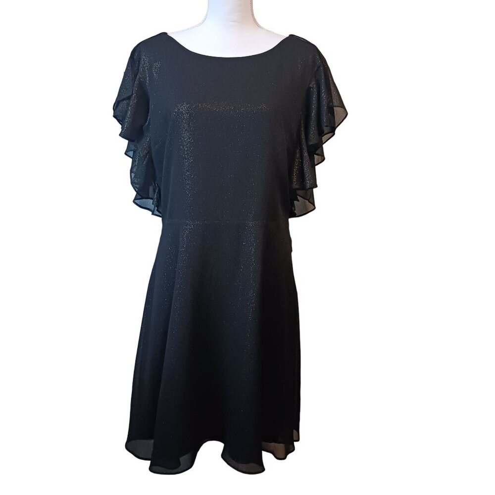 NEW H by Halston, Size 8, Black & Gold‎ Shimmer Mini Dress with Open Tie Back